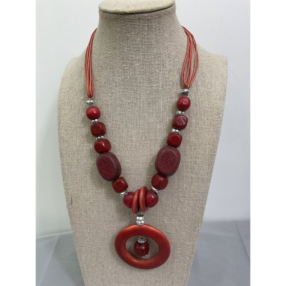 Chunky Red Wooden Bead Necklace With Adjustable Cord & Silver Accents - Picture 1 of 4